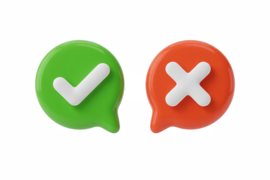 A bright render of a green check mark and an orange x mark in speech bubble shapes on a black background on transparent background - Powered by Adobe