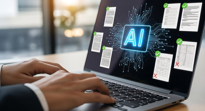 Hands type on laptop keyboard with artificial intelligence and automated document processing system showing on screen.
