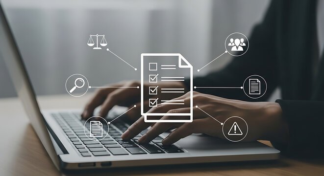Person using a laptop with checklist and other icons, representing compliance, regulations, and standards in business.