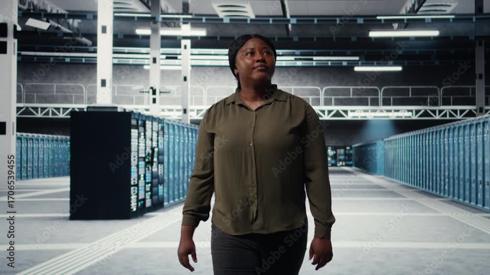 Poster admin walking in data center, overseeing large scale it infrastructure to maintain seamless operatio