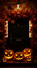 Obraz premium Lit jack-o'-lanterns on porch steps, autumn leaves & door background, Halloween scene, spooky yet inviting atmosphere
