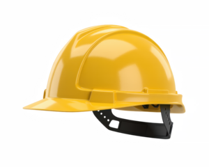 Close up view of a yellow hard hat with black chin strap on a black background in studio lighting on transparent background