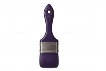 Purple paint brush featuring metal ferrule, resting on transparent surface with clean artistic styling