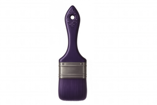 Purple paint brush featuring metal ferrule, resting on transparent surface with clean artistic styling