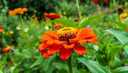 Vibrant orange zinnia in a garden
