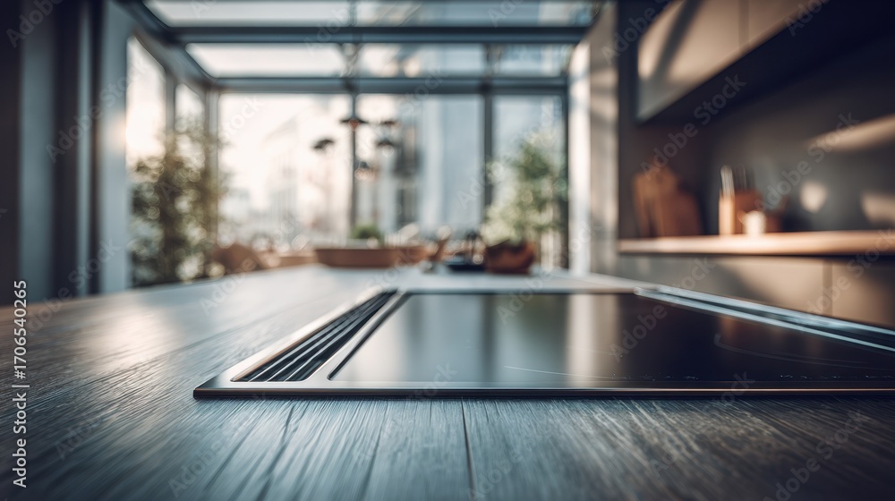 Poster medium shot of a sleek downdraft induction cooktop with clear focus on its smooth surface and sharp 