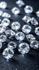 Sparkling diamonds of various cuts on a dark surface