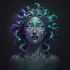 Medusa Gorgon Shedding Holo Tears With Intricate Hair in a Mystic Setting