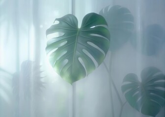 Green palm with reeded glass. Ribbed Background. Blurred luxury banner for summer presentation. Plant leaves. Stylish blank canvas with realistic texture for premium illustration. White Reeded Glass.