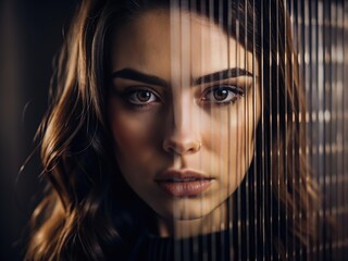Abstract woman portrait with glass texture. Glitched and corrupted female face. Beautiful girl. Model hidden behind mirror pattern. Colored Reeded Glass. Ribbed Background.