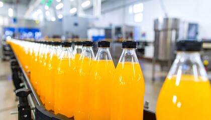 Orange juice bottles on a factory conveyor belt