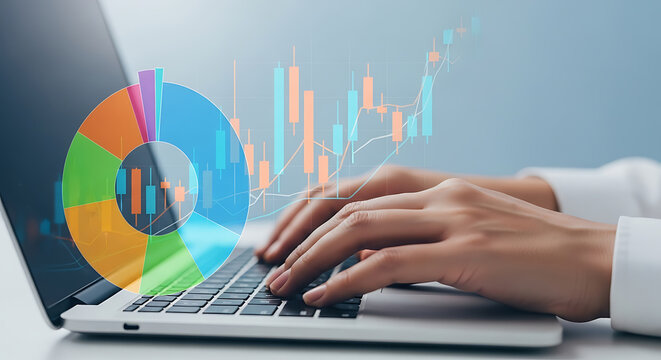 Woman typing on laptop with stock market chart and pie graph data overlayed on screen for financial analysis