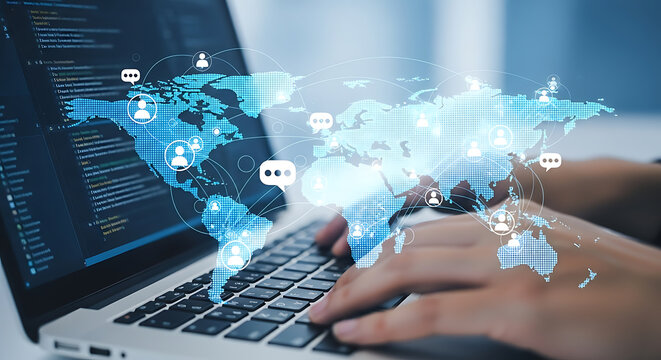 Hands type on a laptop overlaid with a digital world map with connections and code, suggesting global communication and software development.