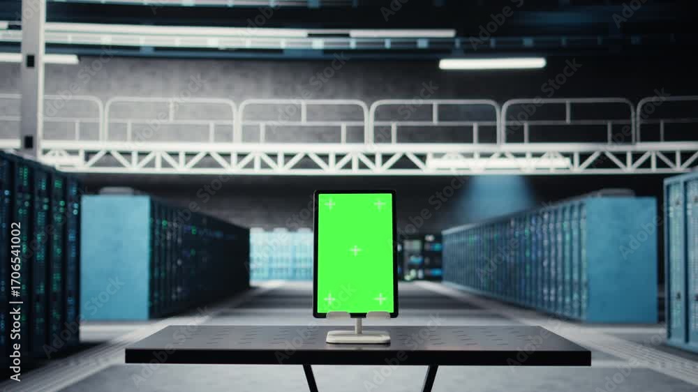 Poster green screen tablet in data center left running by engineers for software updates. mockup device in 