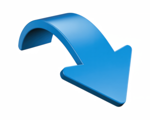 A blue curved arrow pointing downwards on a black and white background in a studio setting on transparent background