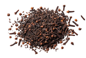 Fototapeta premium Dark brown spice blend, cloves and tea, scattered