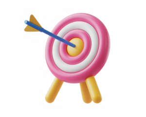 A pink and white target with a yellow bullseye and a blue arrow in the center on a black background on transparent background