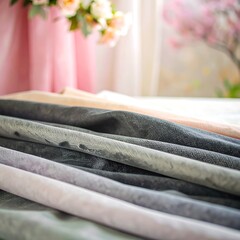 Stack of various fabrics in soft pastel colors