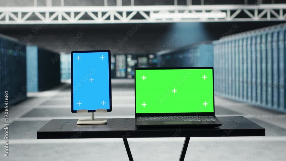 Poster isolated screen tablet and laptop in high tech data center facility with rows of fully operational s