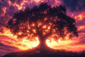 A majestic tree silhouetted against a vibrant, fiery sunset, creating a dramatic and awe-inspiring scene.