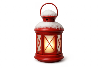 Red christmas lantern with burning candle covered by snow on transparent background