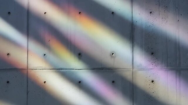 Abstract concrete wall with colorful light rays, creating a geometric pattern. Minimalistic architecture with light and shadow.