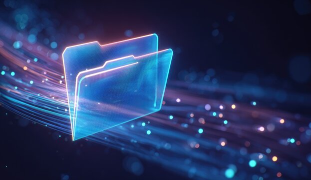Abstract folder icon, glowing blue, on dark background with light trails - Powered by Adobe
