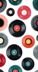 Colorful vinyl records pattern on white background