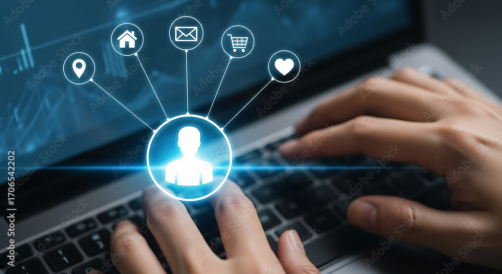 Poster hands type on laptop keyboard with customer relationship management symbols and business data displa