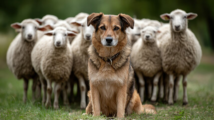 Obraz premium Herding dog and flock of sheep in green pasture outdoors