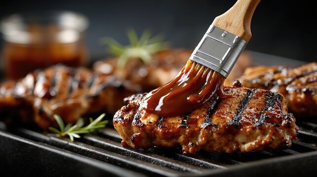 Juicy grilled pork chops being brushed with barbecue sauce on outdoor charcoal grill with rosemary garnish in sunlit backyard setting