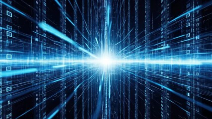 Abstract blue digital data stream with binary code and light burst for technology and data concept, server room background, connection. - Powered by Adobe