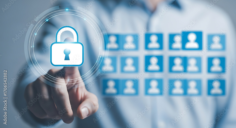 Poster person points to a digital padlock securing personal data in a matrix of user icons.