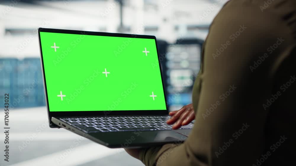 Poster technician with green screen laptop in data center implementing advanced power management solutions.