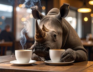Rhinoceros enjoying coffee in a cafe