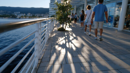 Obraz premium A lively promenade along the waterfront showcasing people walking and enjoying the sunny ambiance with interesting shadows cast by the railing and plants.