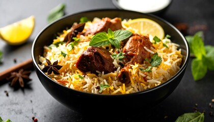 Spicy rice dish with chicken and herbs