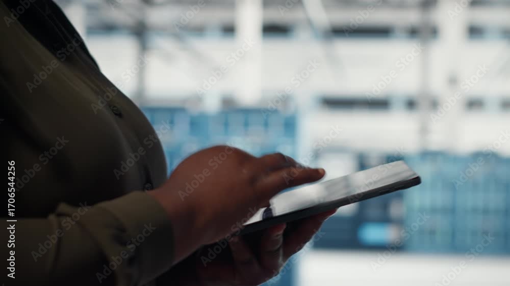 Aufkleber close up of data center software developer doing data analysis on tablet to upgrade infrastructure. 