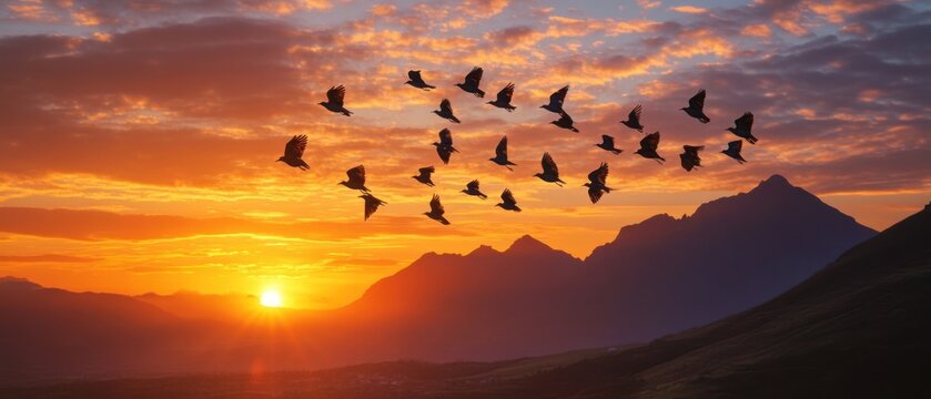 Birds fly sunset mountain view