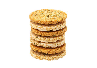 Isolated stack of crispy rice cakes appetizer snacks food, savory flavour meal, delicious