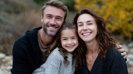 Fototapeta premium A smiling family captures a moment of joy outdoors as they share a playful experience together, surrounded by a picturesque natural landscape.
