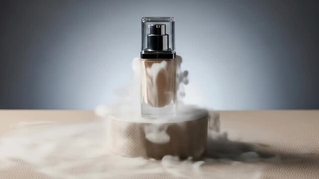 Luxury foundation bottle on pedestal with smoke, product shot for beauty, cosmetic, skincare, and make-up advertising. High quality still life product presentation.
