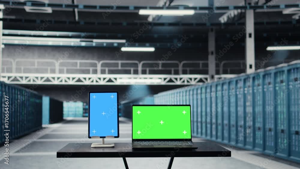 Poster green screen laptop and mockup tablet used to do maintenance, prolonging data center electronics lif