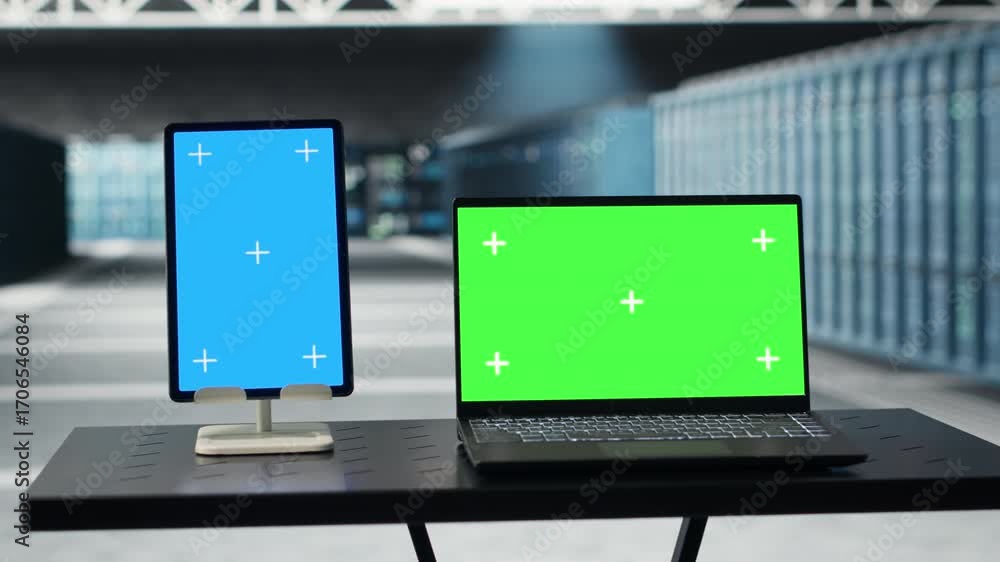 Poster green screen laptop and mockup tablet used to do maintenance, prolonging data center electronics lif