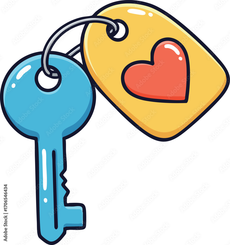 Poster key with heart tag symbolizing love and access in colorful vector design illustration