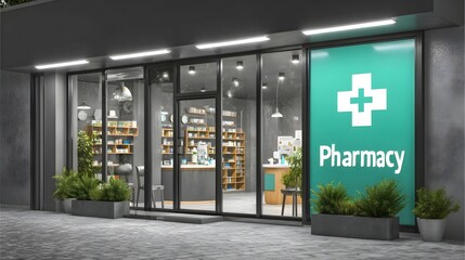 Modern pharmacy exterior with bright signage and organized interior shelves promoting health and wellness in a city setting