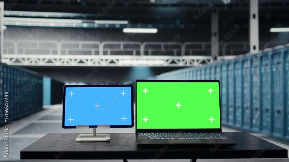 Poster isolated screen tablet and mockup laptop in data center doing software updates. chroma key laptop an