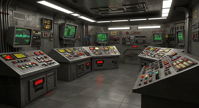 Futuristic command center with glowing screens and complex control panels creating a high-tech atmosphere