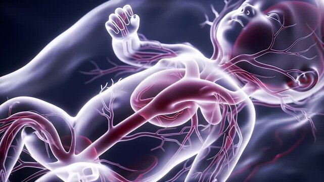 Fetus with circulatory system, womb, and 3D render.