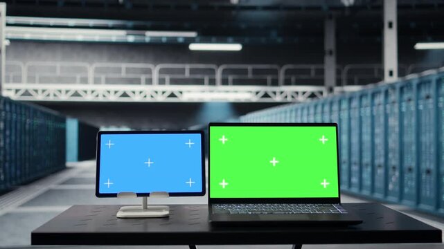 Isolated screen tablet and mockup laptop in data center doing software updates. Chroma key laptop and device in server farm optimizing infrastructure supercomputers configuration
